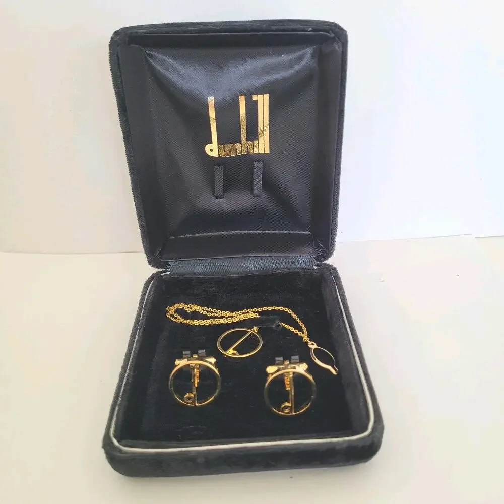 Dunhill Cufflinks Tie Charm Chain Set Gold Tone Logo Round Logo Vintage Box